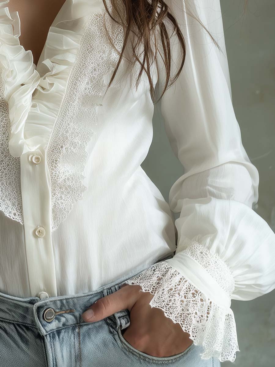 Clara | Ivory White Lace & Ruffle Detail Blouse