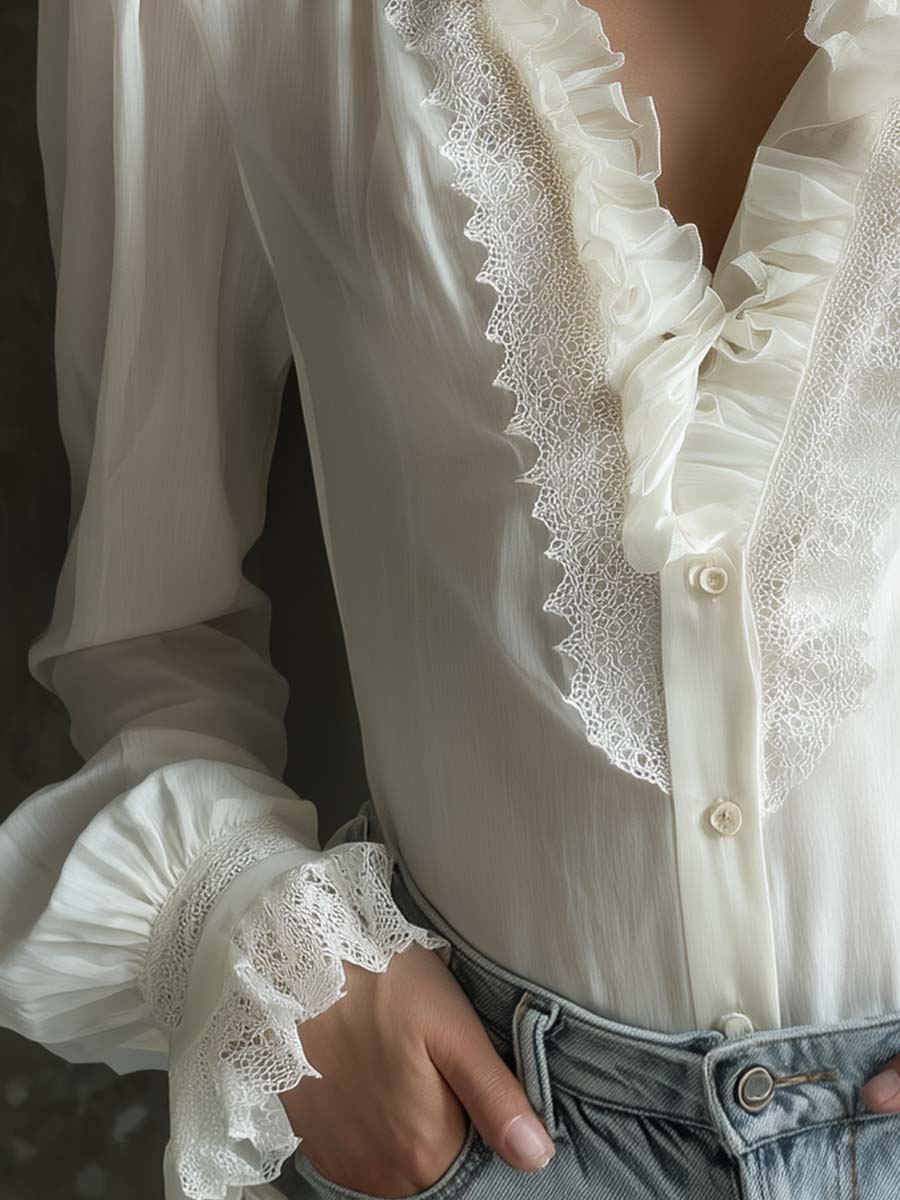 Clara | Ivory White Lace & Ruffle Detail Blouse