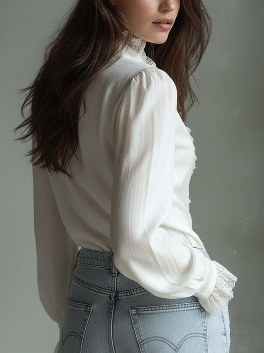 Clara | Ivory White Lace & Ruffle Detail Blouse