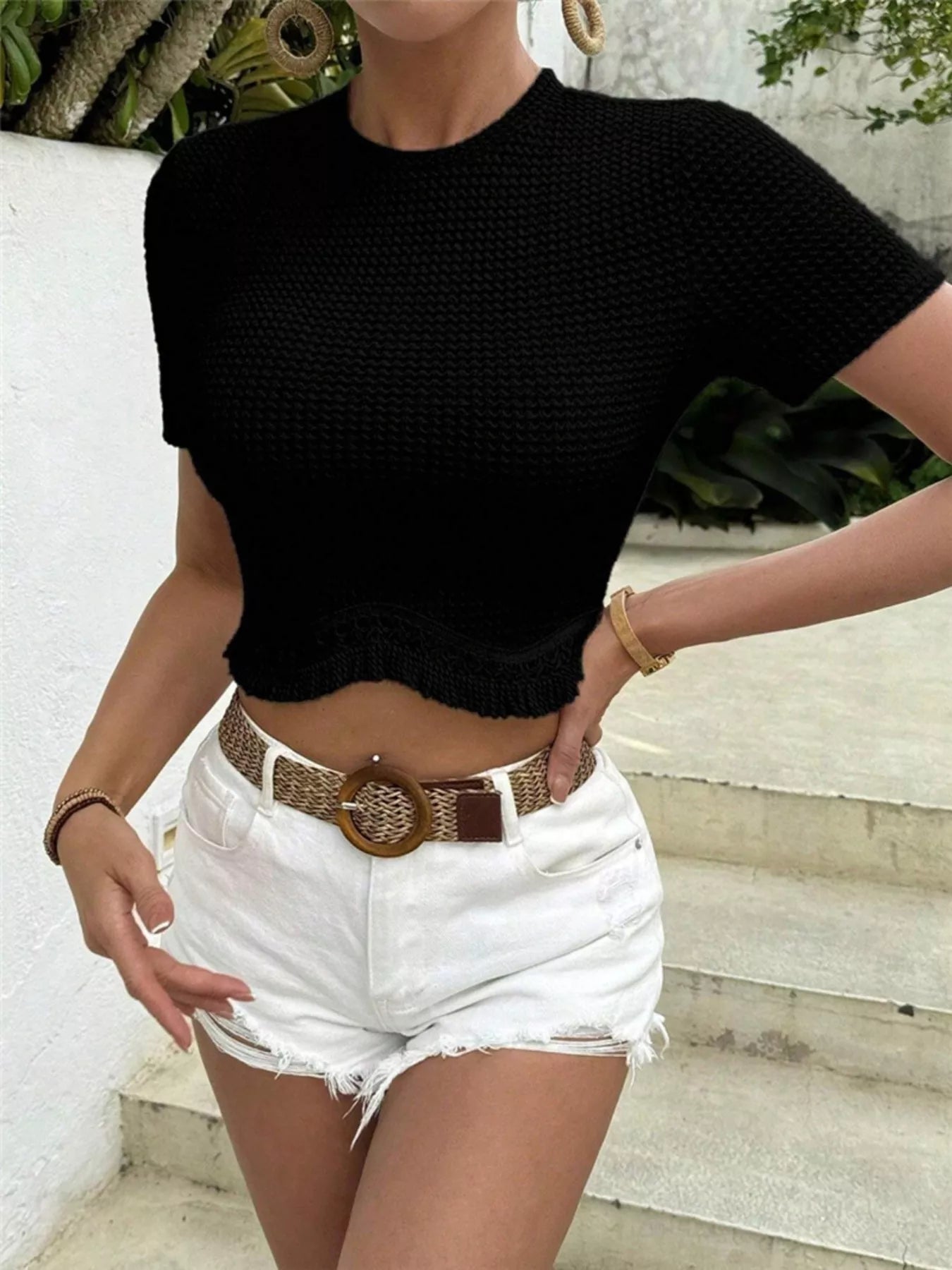 Savannah | Fringe Hem Waffle Knit Top