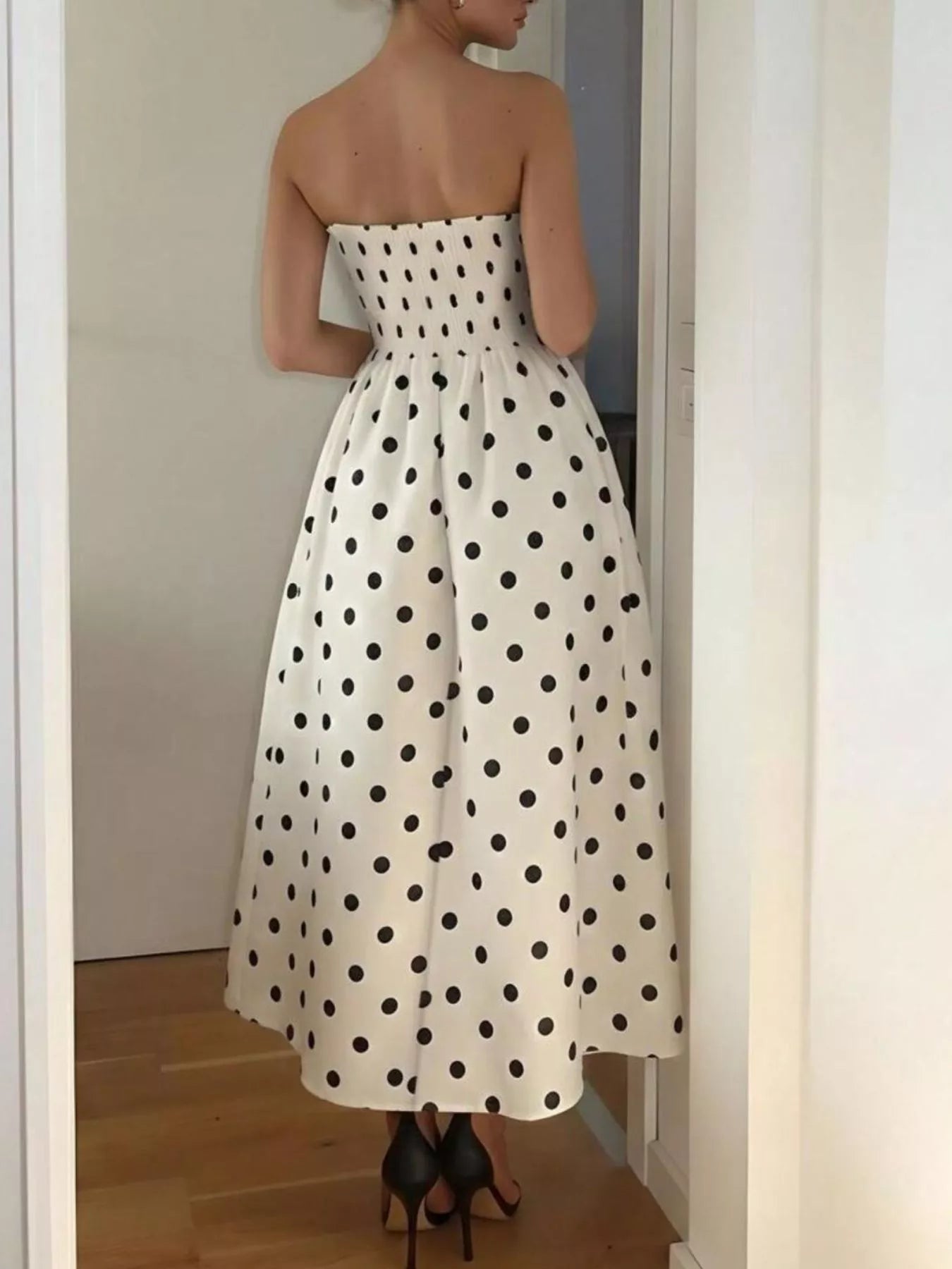 Rosalie | Polka Dot Strapless Midi Dress