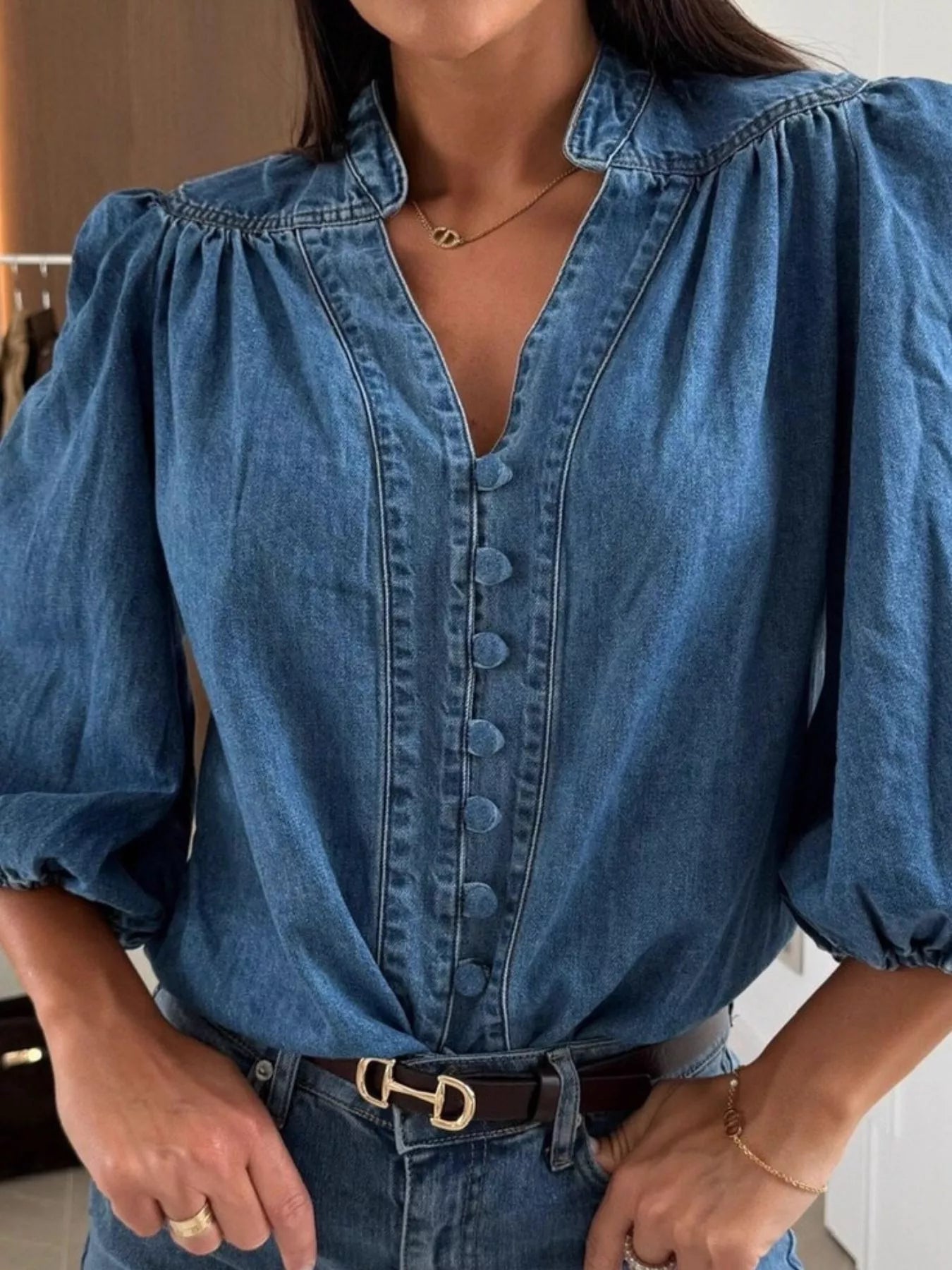 Daphne | Puff Sleeve Denim Blouse