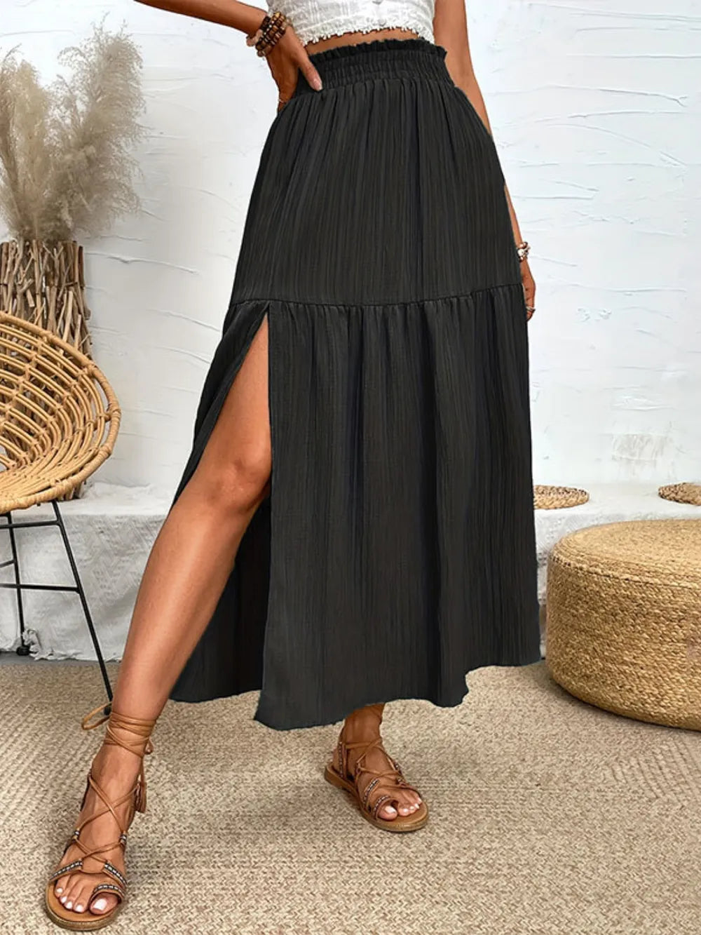 Sophie | Tiered High Slit Midi Skirt