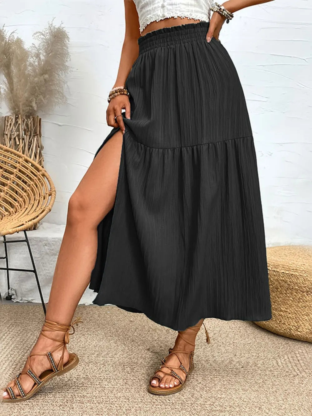 Sophie | Tiered High Slit Midi Skirt