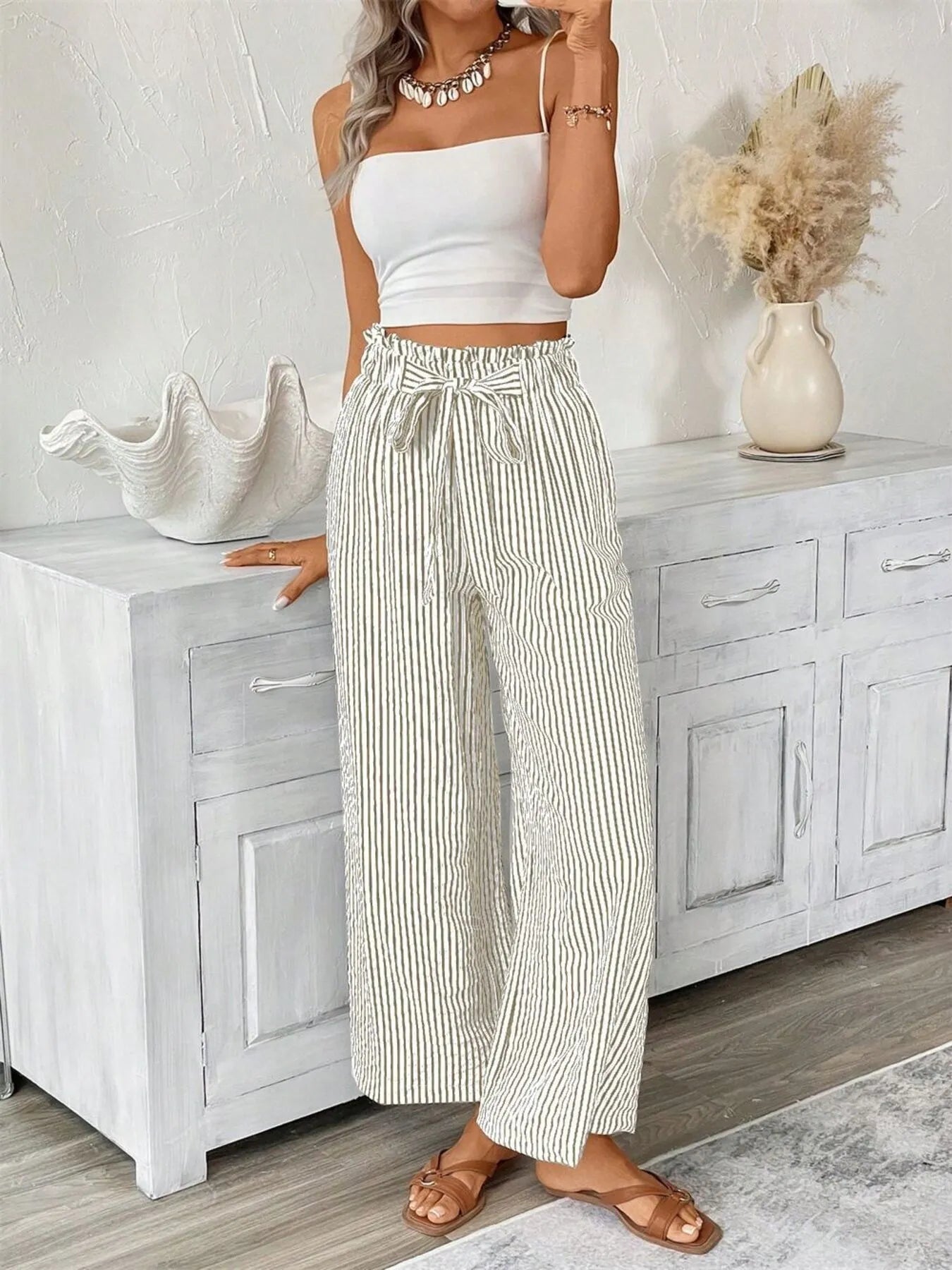Sophie | Striped Paperbag Waist Wide Leg Trousers