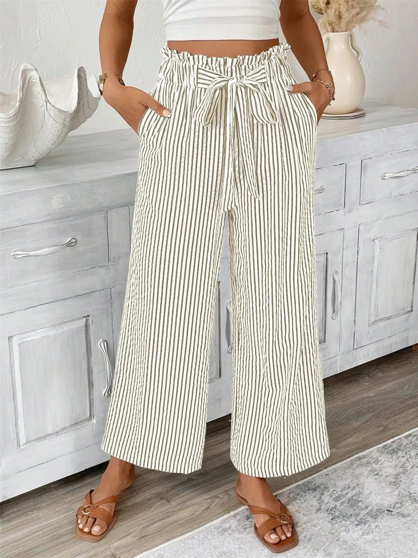 Sophie | Striped Paperbag Waist Wide Leg Trousers