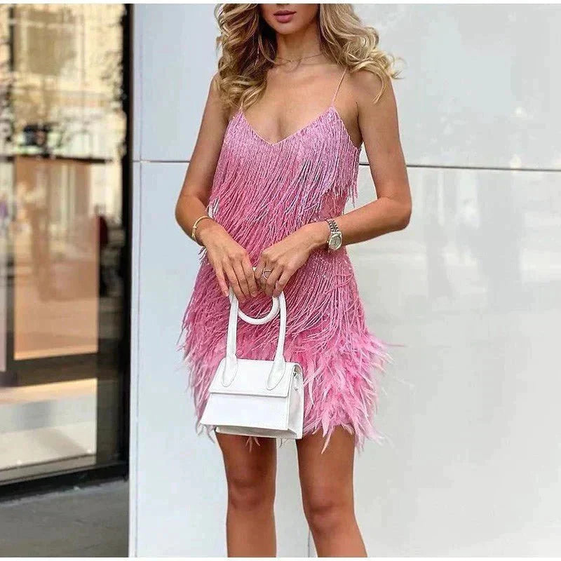 Chloe | Fringe Mini Dress with Thin Strap Detail