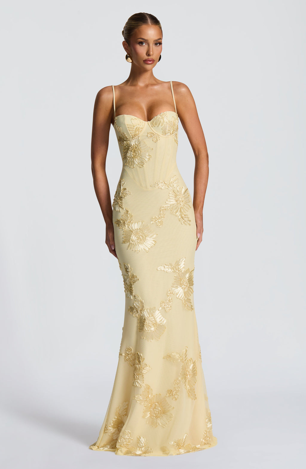 Elara | Floral Appliqué Corset Maxi Dress with Slim Straps