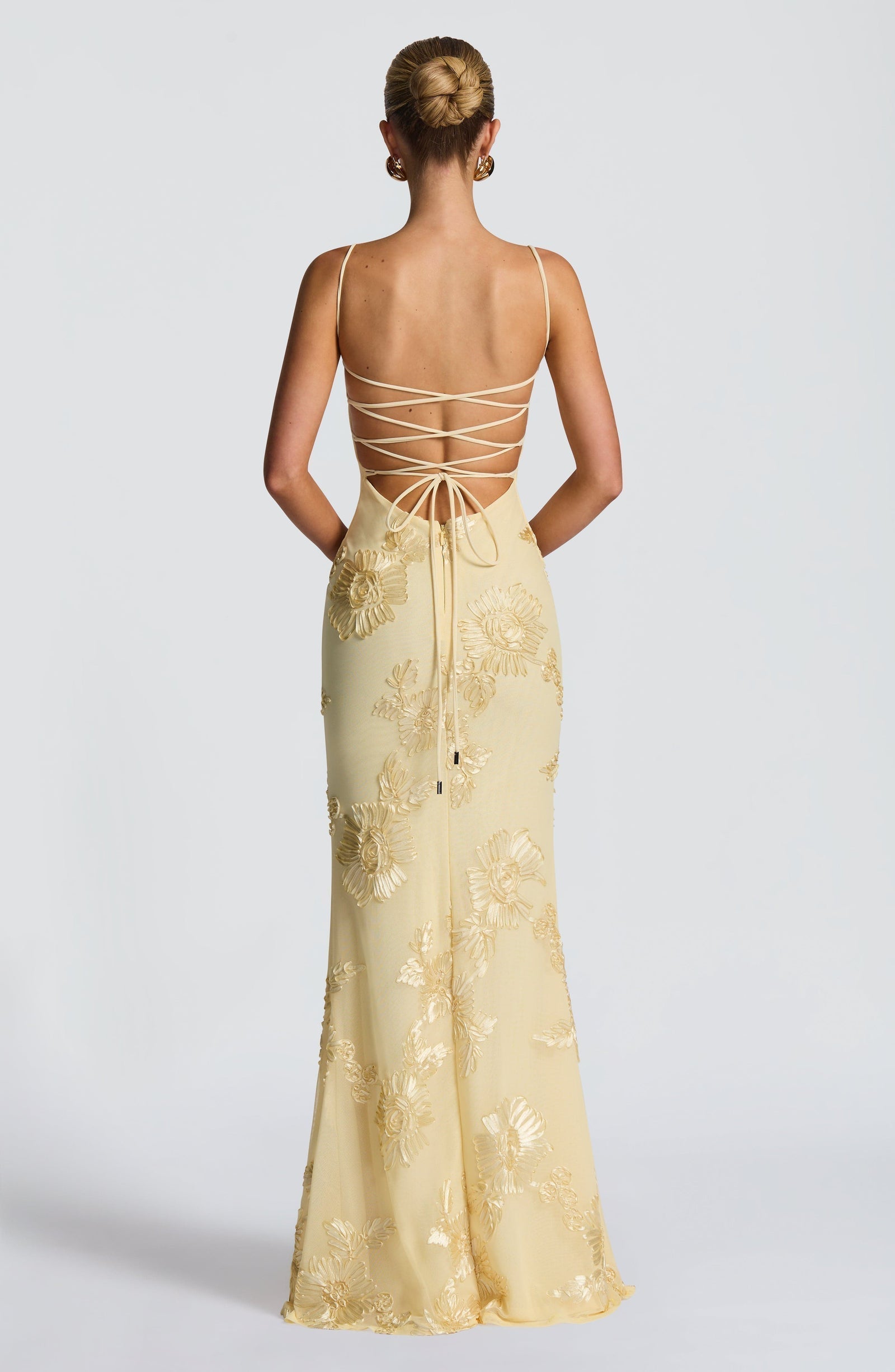 Elara | Floral Appliqué Corset Maxi Dress with Slim Straps