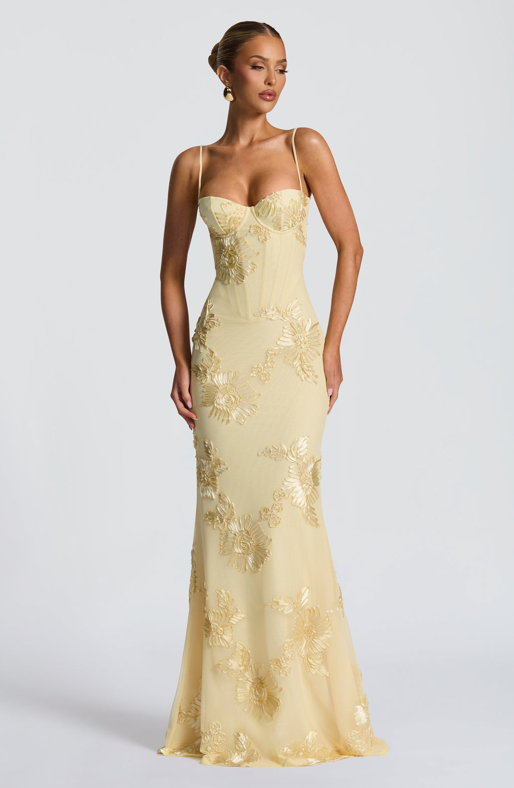 Elara | Floral Appliqué Corset Maxi Dress with Slim Straps
