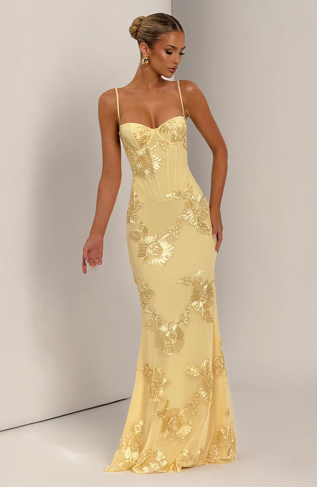 Elara | Floral Appliqué Corset Maxi Dress with Slim Straps