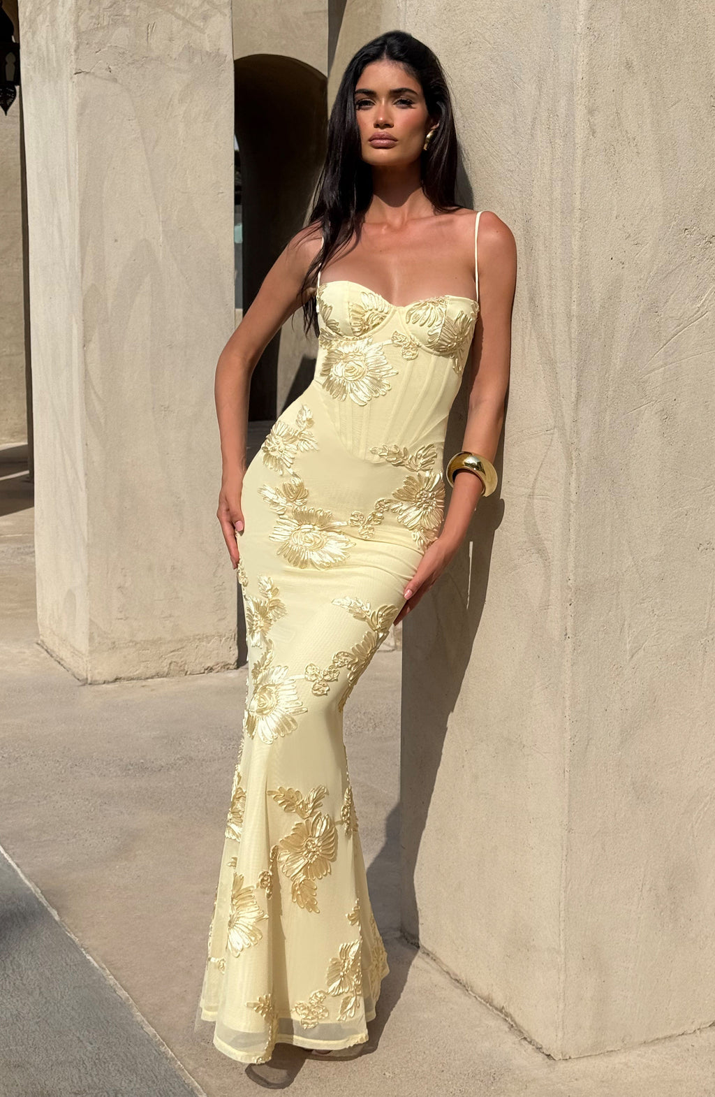 Elara | Floral Appliqué Corset Maxi Dress with Slim Straps