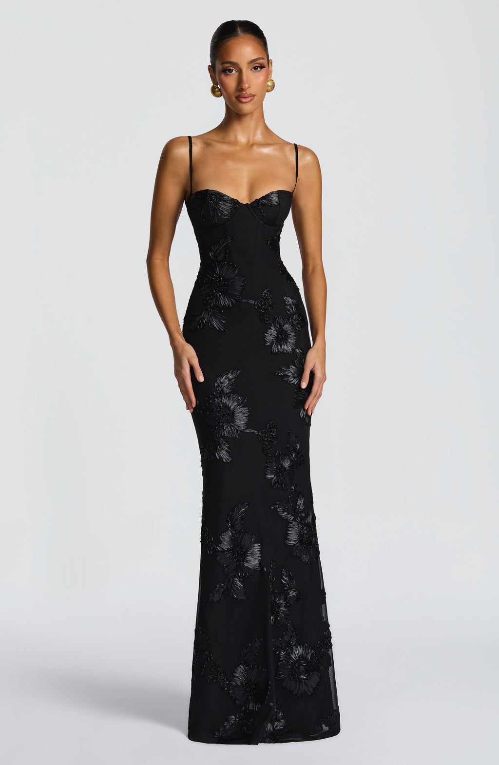 Elara | Floral Appliqué Corset Maxi Dress with Slim Straps