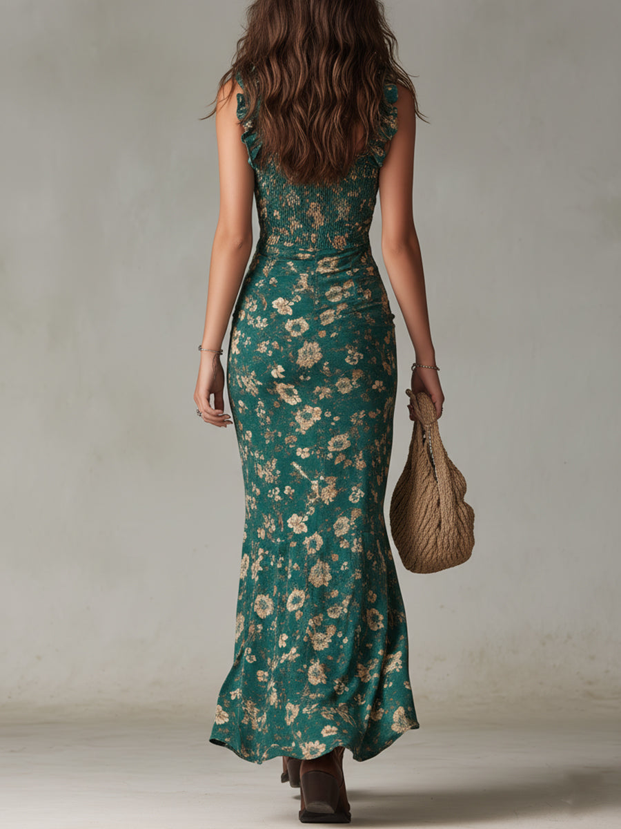 Holly | Bohemian Floral Maxi Dress with Ruffle Sleeves