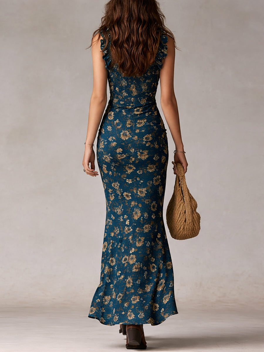 Holly | Bohemian Floral Maxi Dress with Ruffle Sleeves