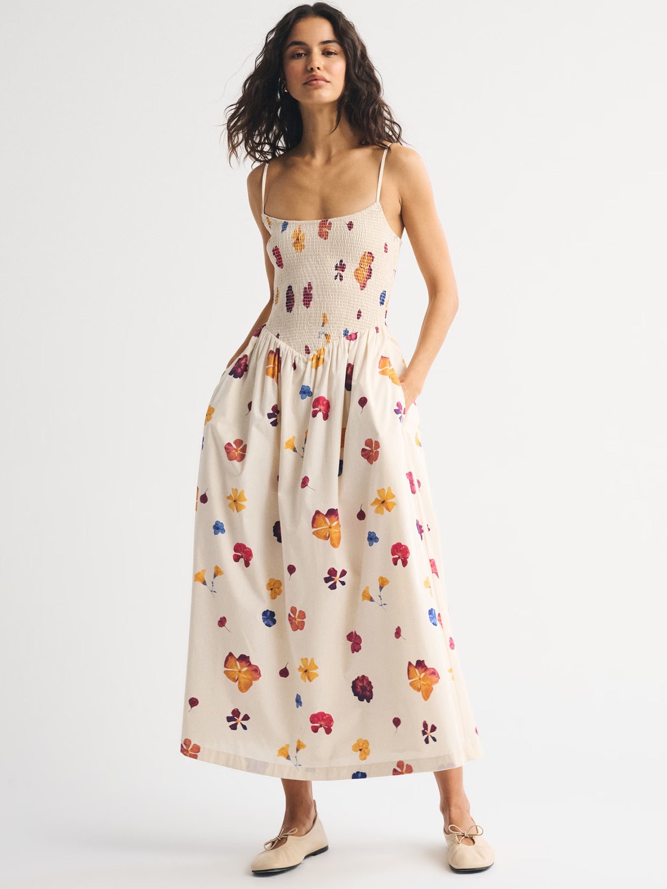 Bella | Floral Smocked Midi Dress with Spaghetti Straps