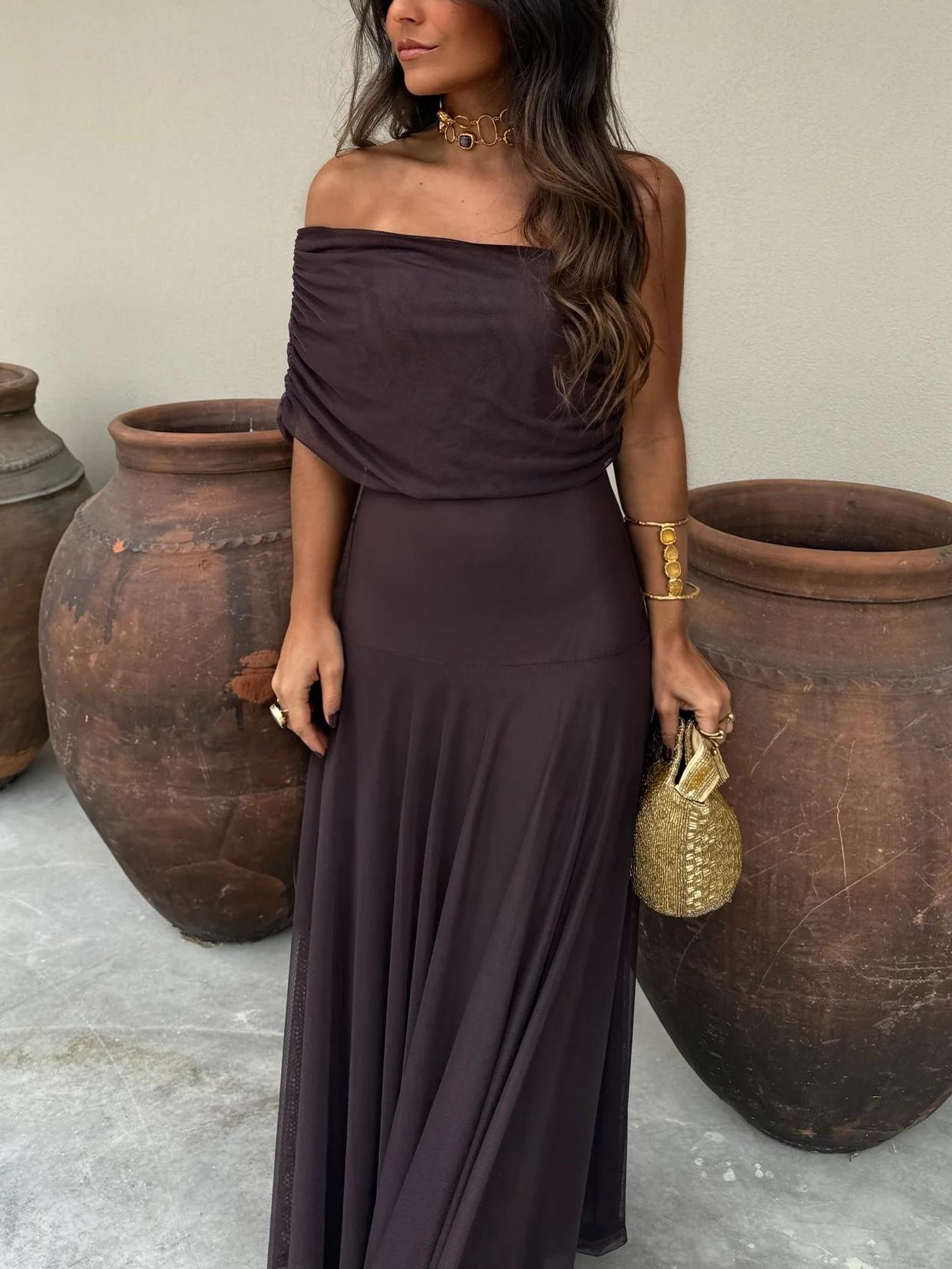Sophia | Off-Shoulder Chiffon Maxi Dress with Gathered Bodice