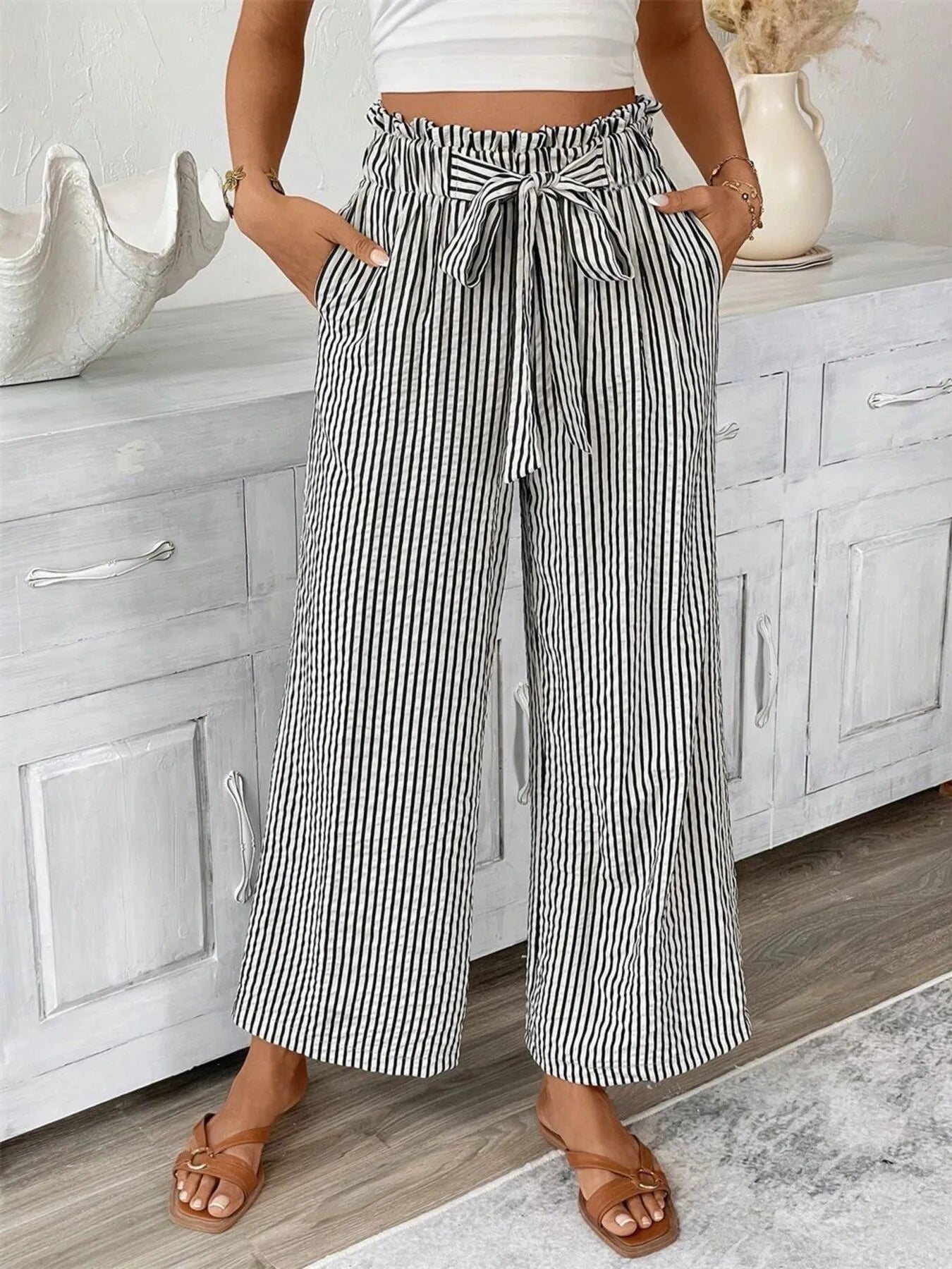 Sophie | Striped Paperbag Waist Wide Leg Trousers