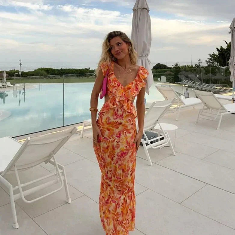Flora | Floral Ruffle Maxi Dress with Flowing Silhouette