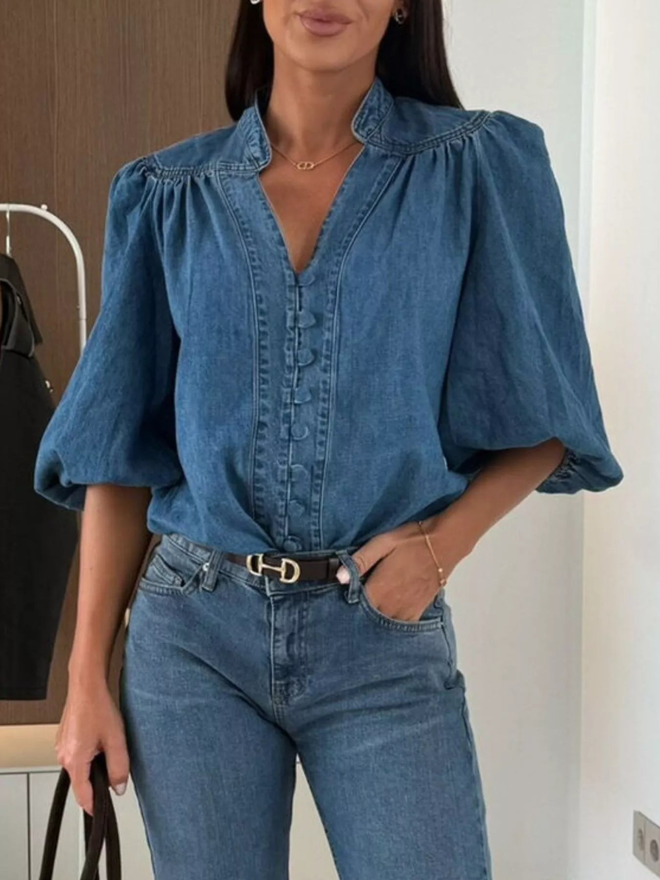 Daphne | Puff Sleeve Denim Blouse