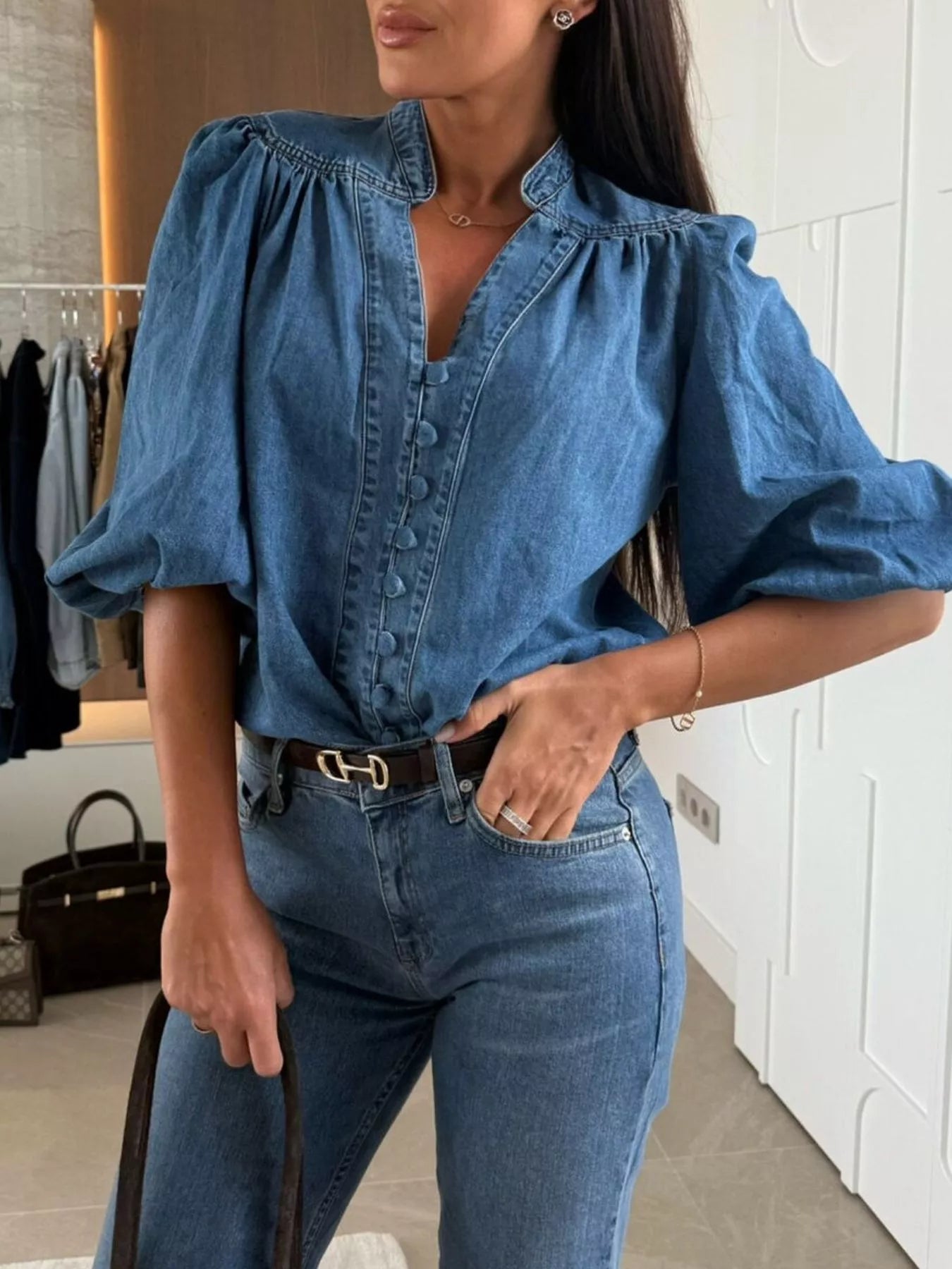 Daphne | Puff Sleeve Denim Blouse