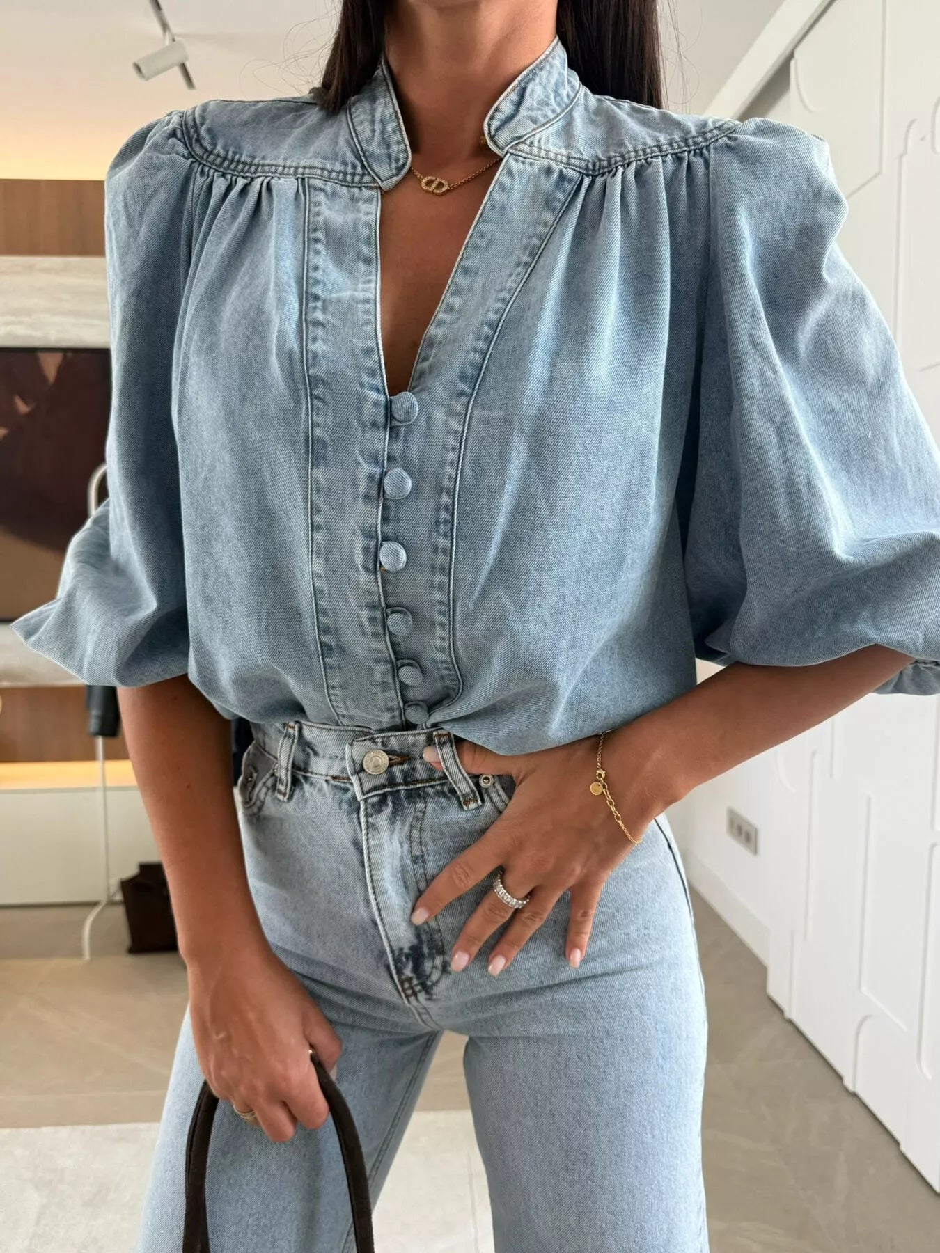 Daphne | Puff Sleeve Denim Blouse