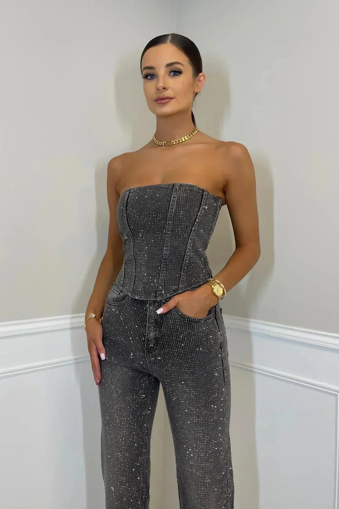 Arabella | Glitter High-Waist Trouser Set with Shimmering Top