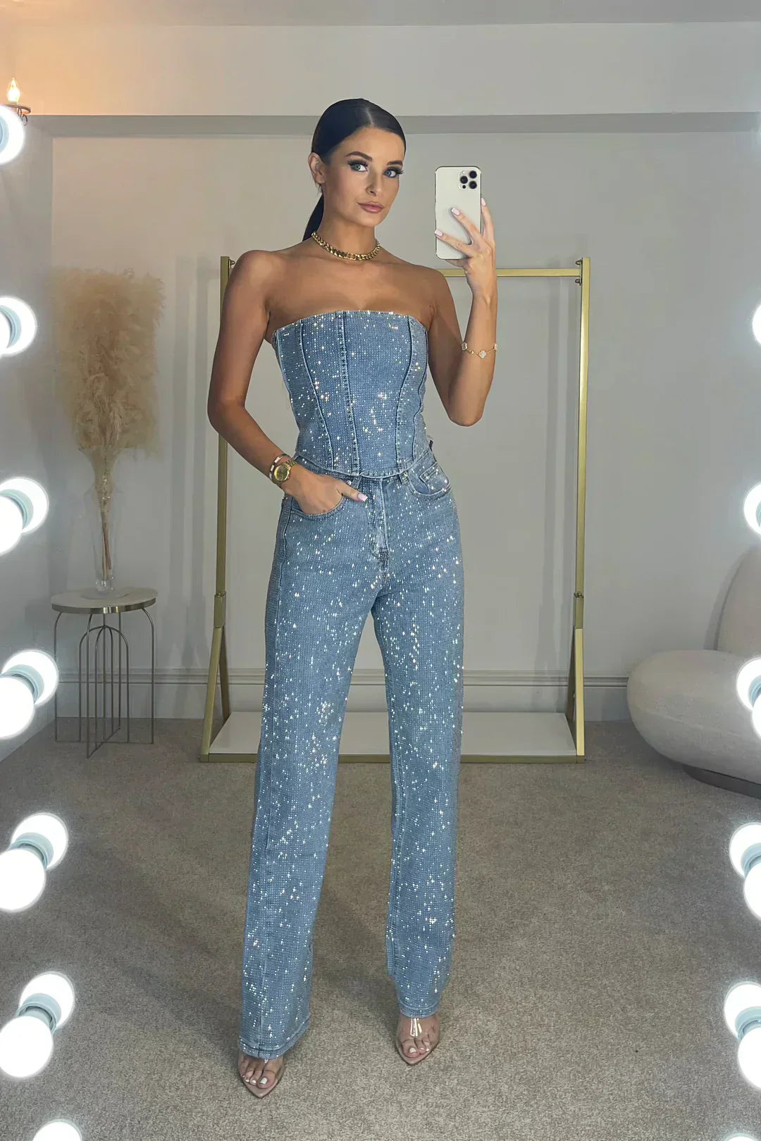 Arabella | Glitter High-Waist Trouser Set with Shimmering Top