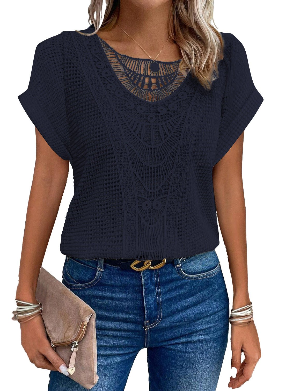 Elara | Women's Crochet Top with Lace Details & Short Sleeves