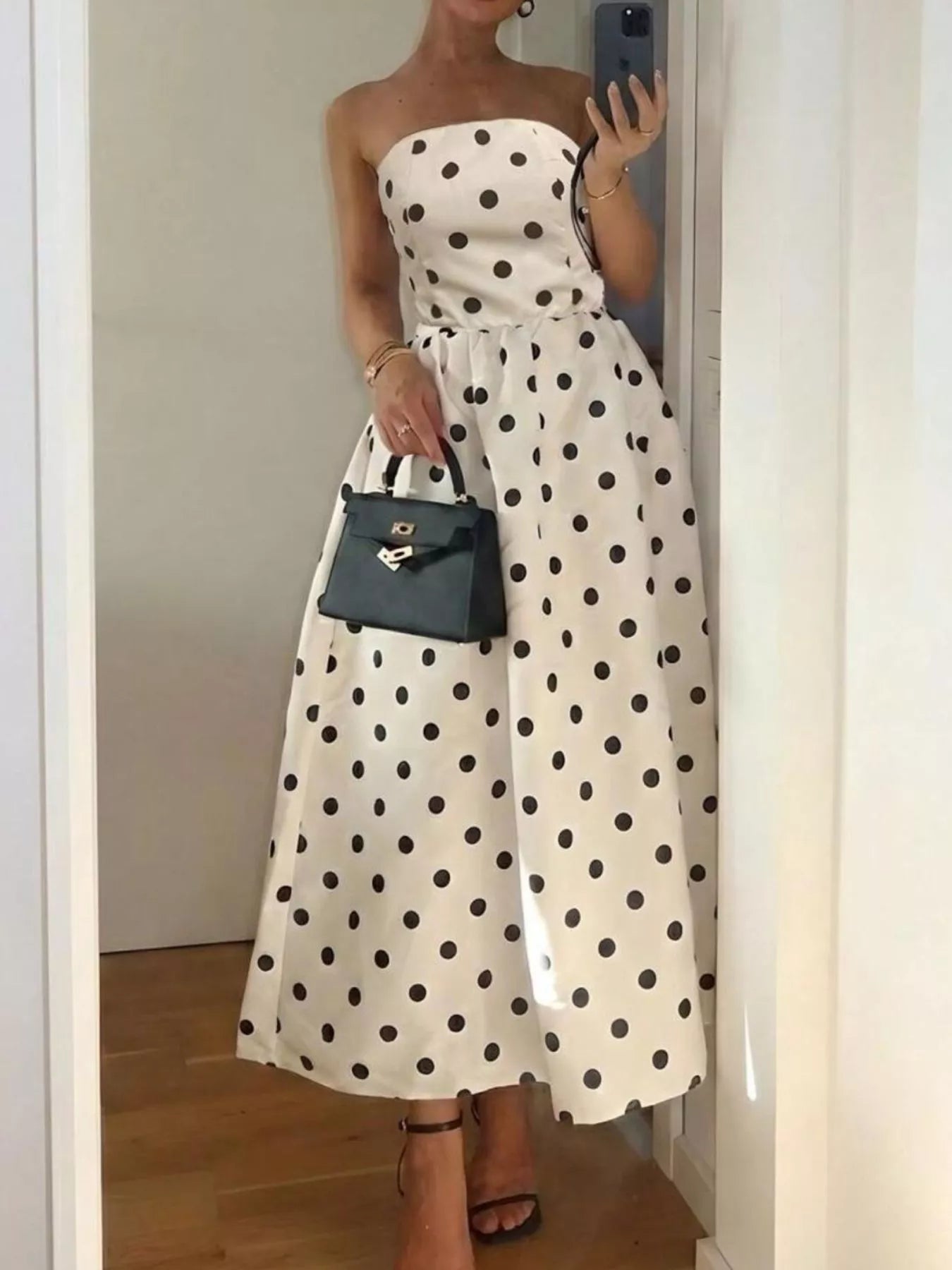 Rosalie | Polka Dot Strapless Midi Dress