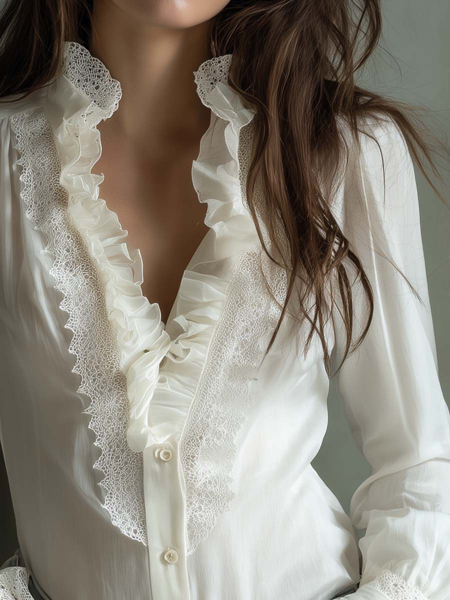 Clara | Ivory White Lace & Ruffle Detail Blouse