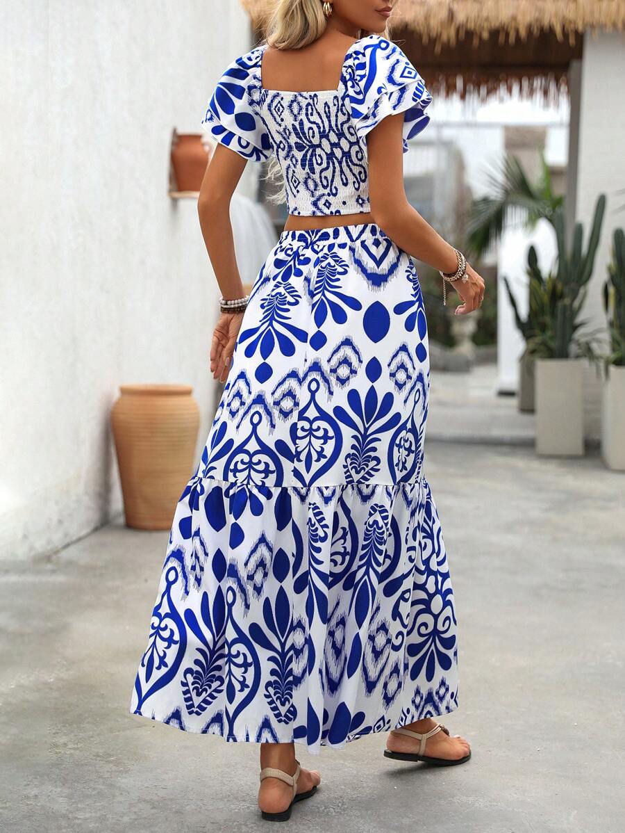 Aria | Floral Two-Piece Set with Crop Top and Long Ruffle Skirt