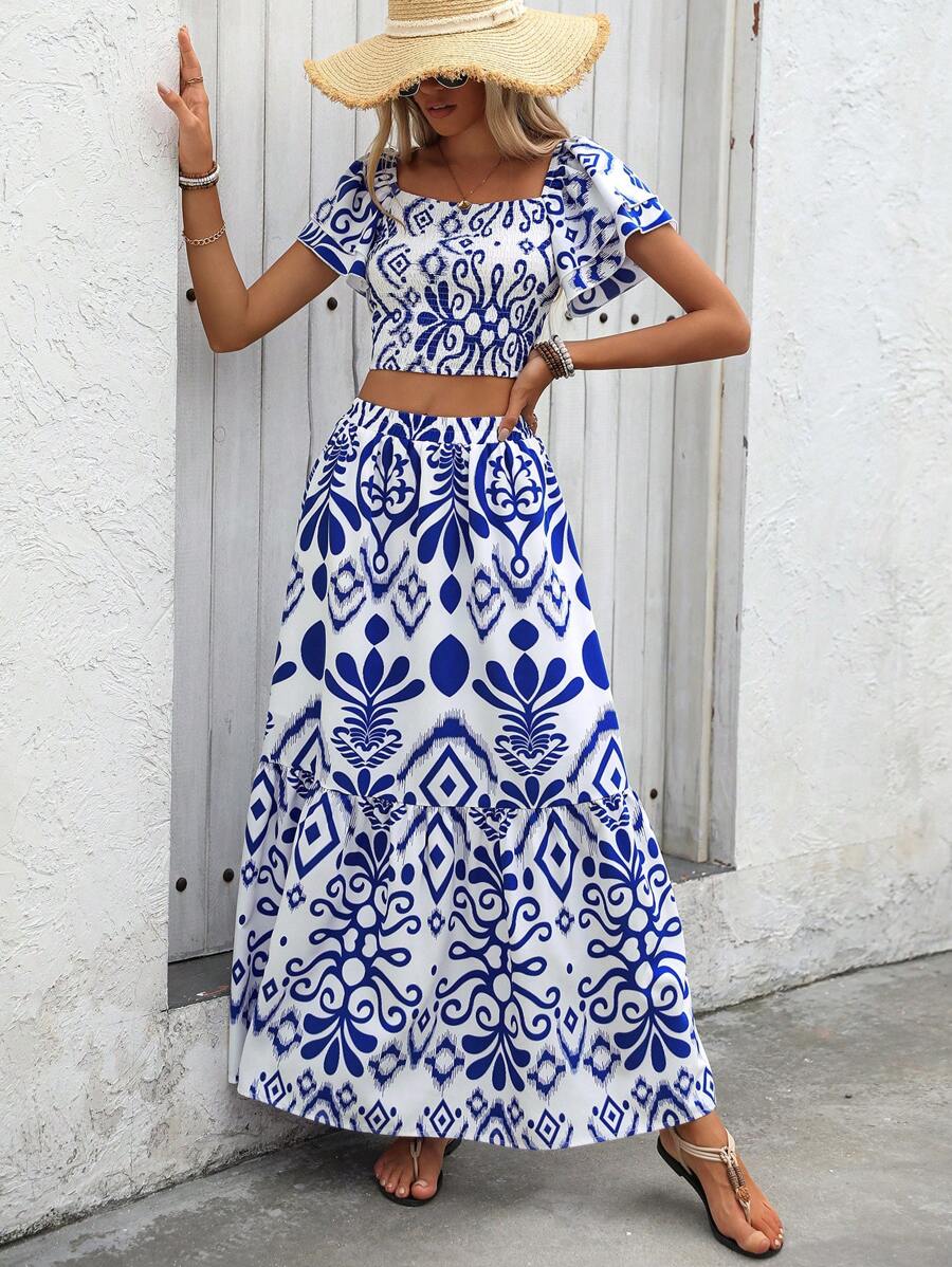 Aria | Floral Two-Piece Set with Crop Top and Long Ruffle Skirt