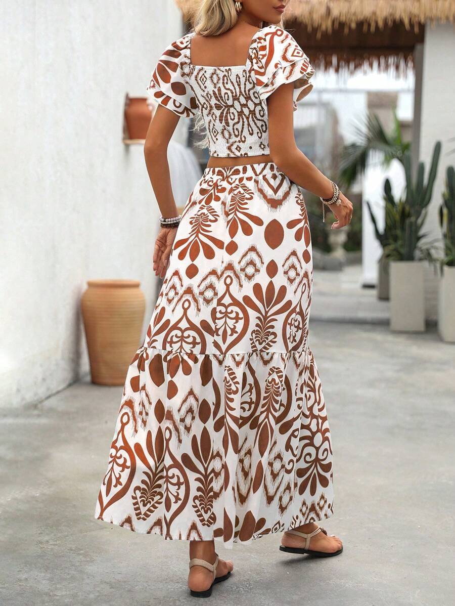 Aria | Floral Two-Piece Set with Crop Top and Long Ruffle Skirt