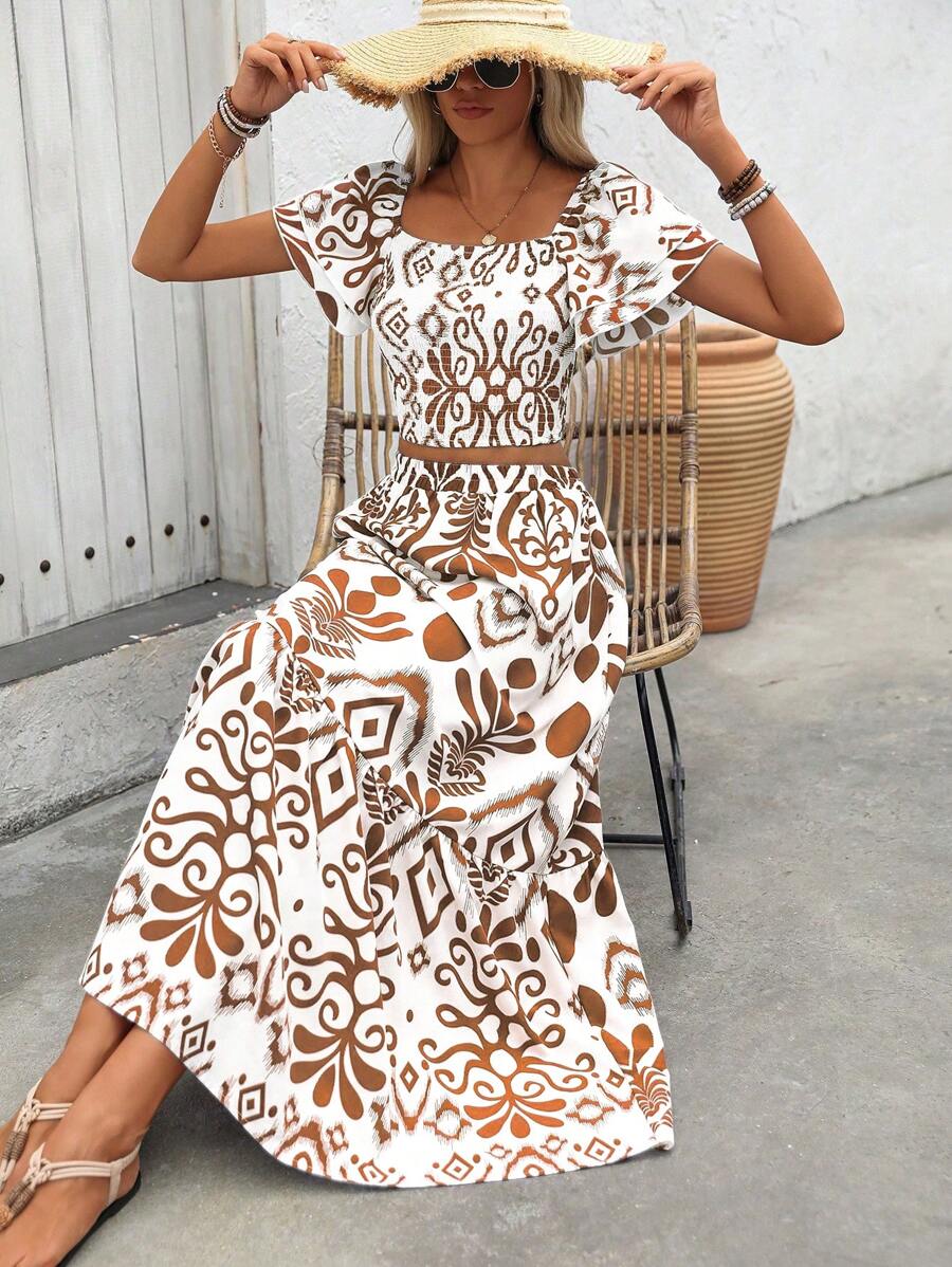 Aria | Floral Two-Piece Set with Crop Top and Long Ruffle Skirt