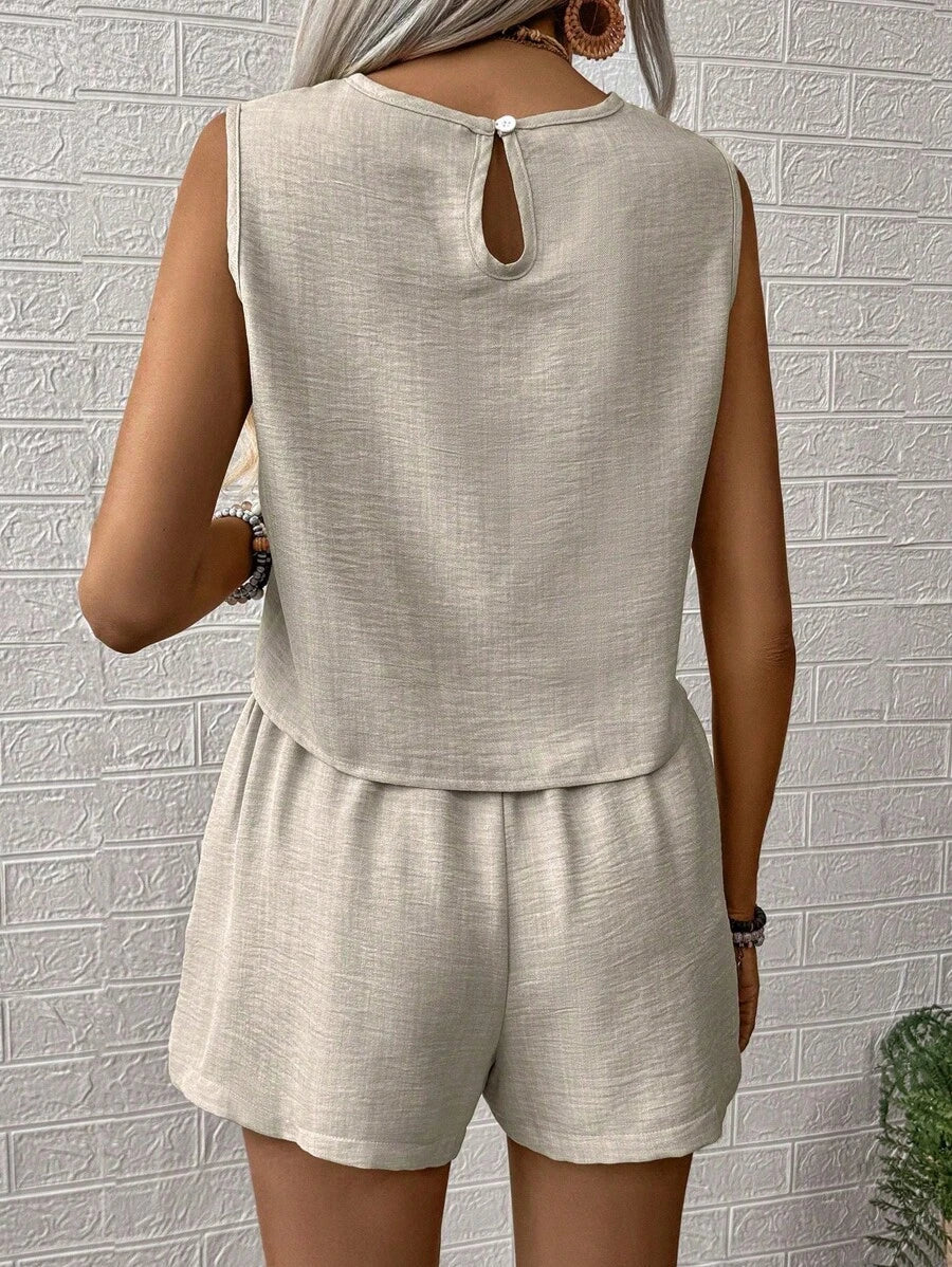 Nora | Solid Button Tank Top & Shorts Two-Piece Set