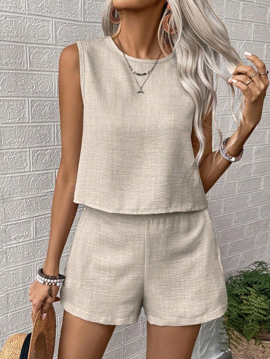 Nora | Solid Button Tank Top & Shorts Two-Piece Set