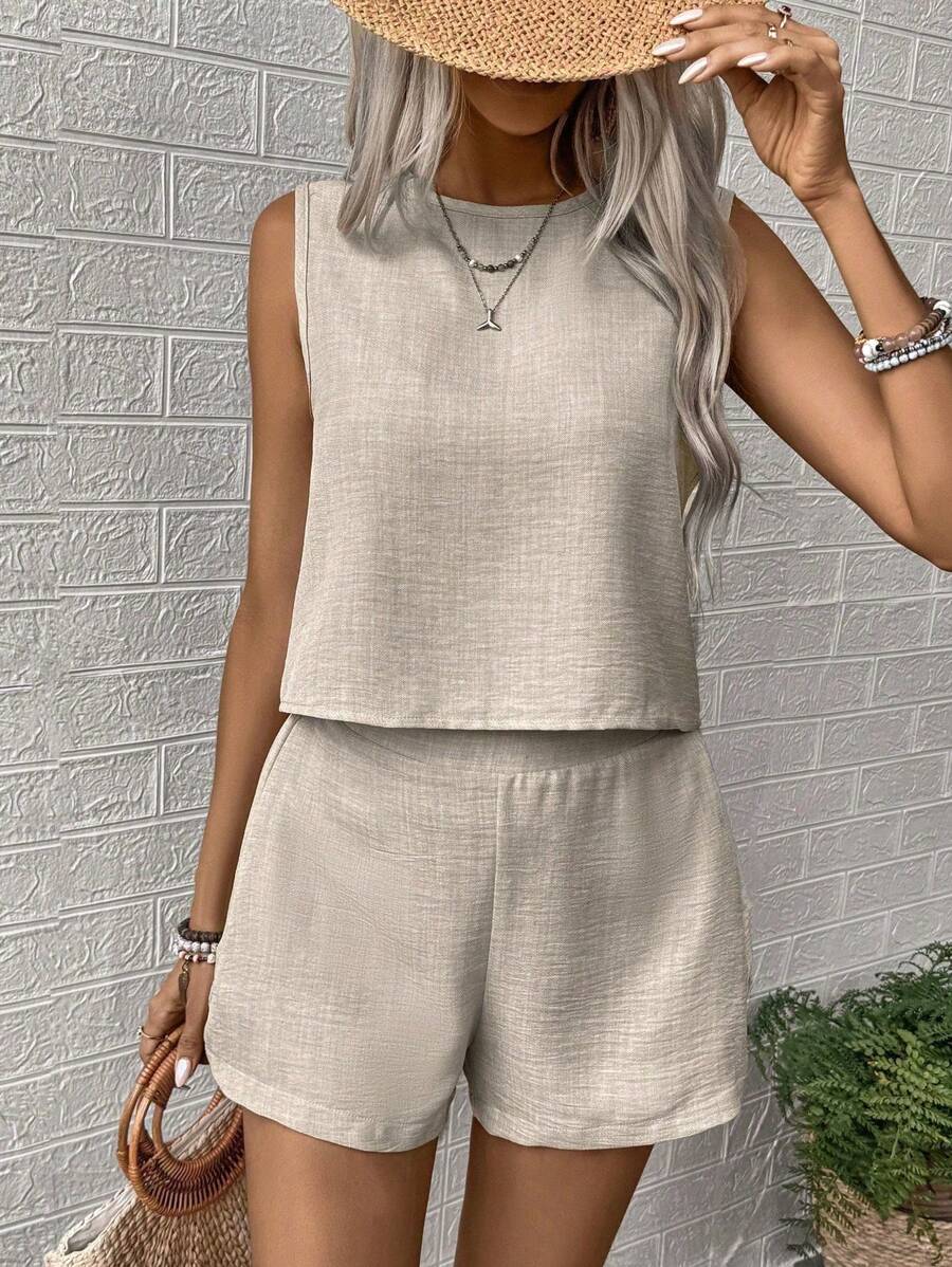 Nora | Solid Button Tank Top & Shorts Two-Piece Set