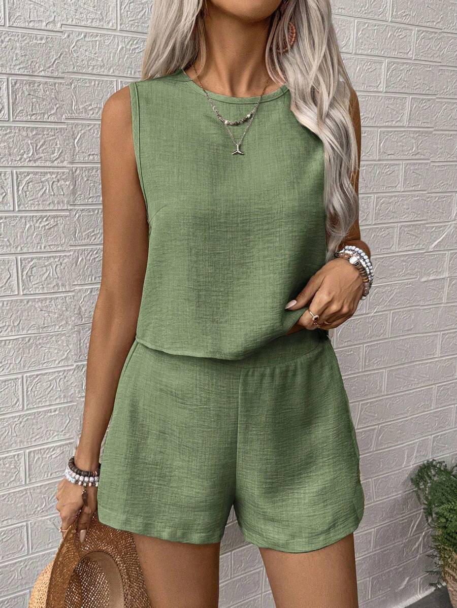 Nora | Solid Button Tank Top & Shorts Two-Piece Set