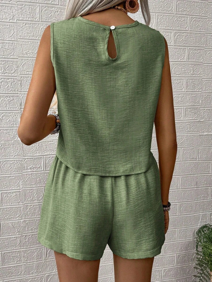 Nora | Solid Button Tank Top & Shorts Two-Piece Set
