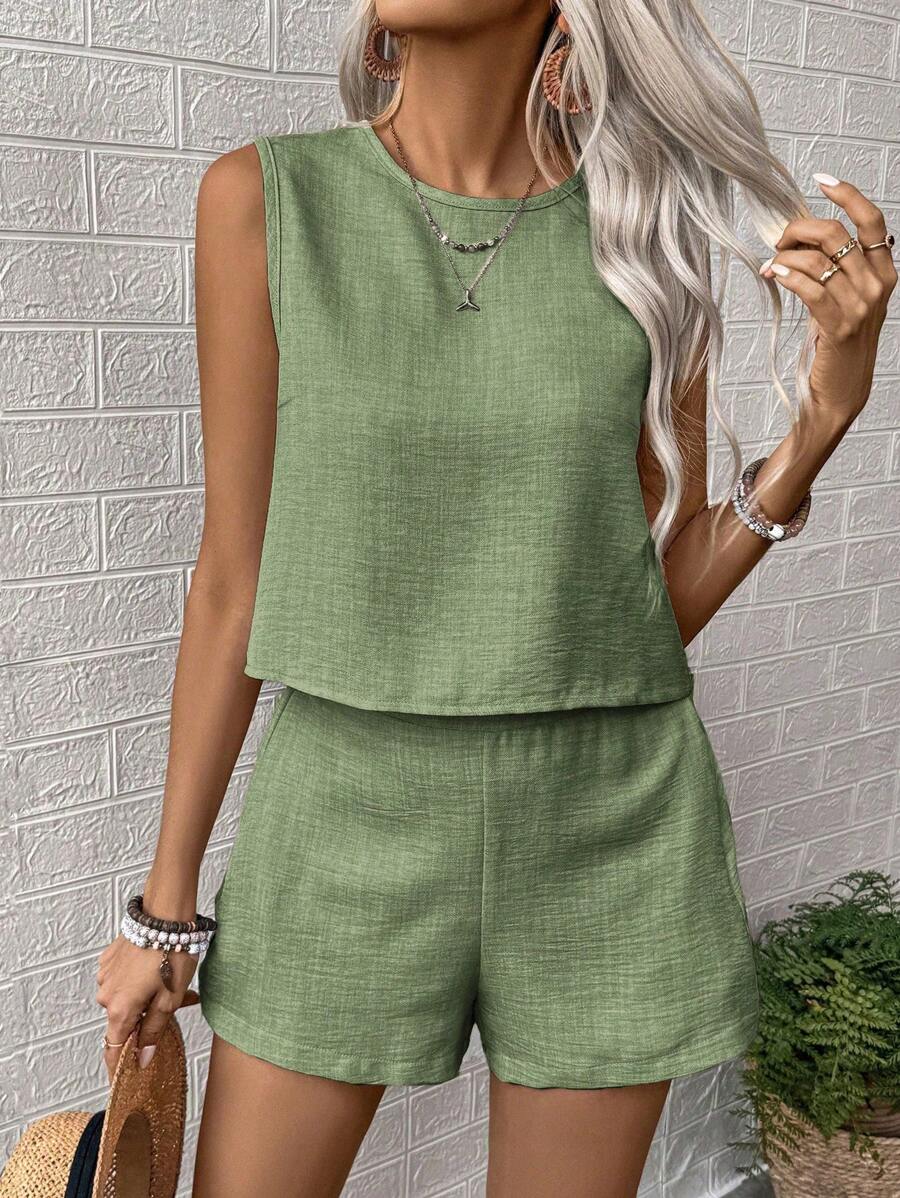 Nora | Solid Button Tank Top & Shorts Two-Piece Set