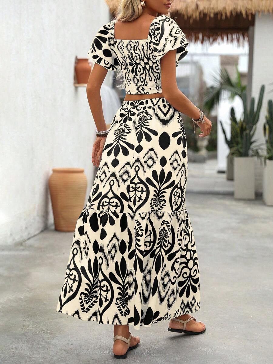 Aria | Floral Two-Piece Set with Crop Top and Long Ruffle Skirt