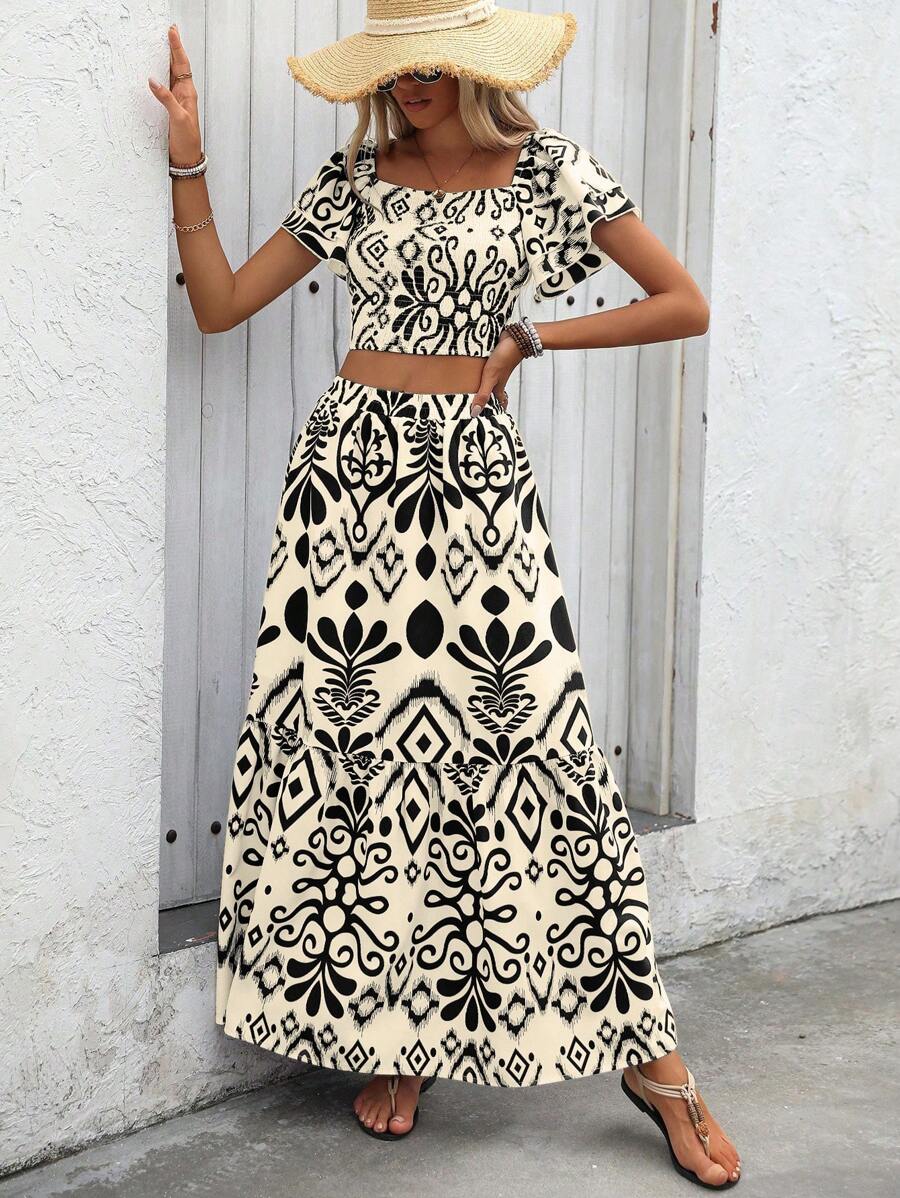 Aria | Floral Two-Piece Set with Crop Top and Long Ruffle Skirt