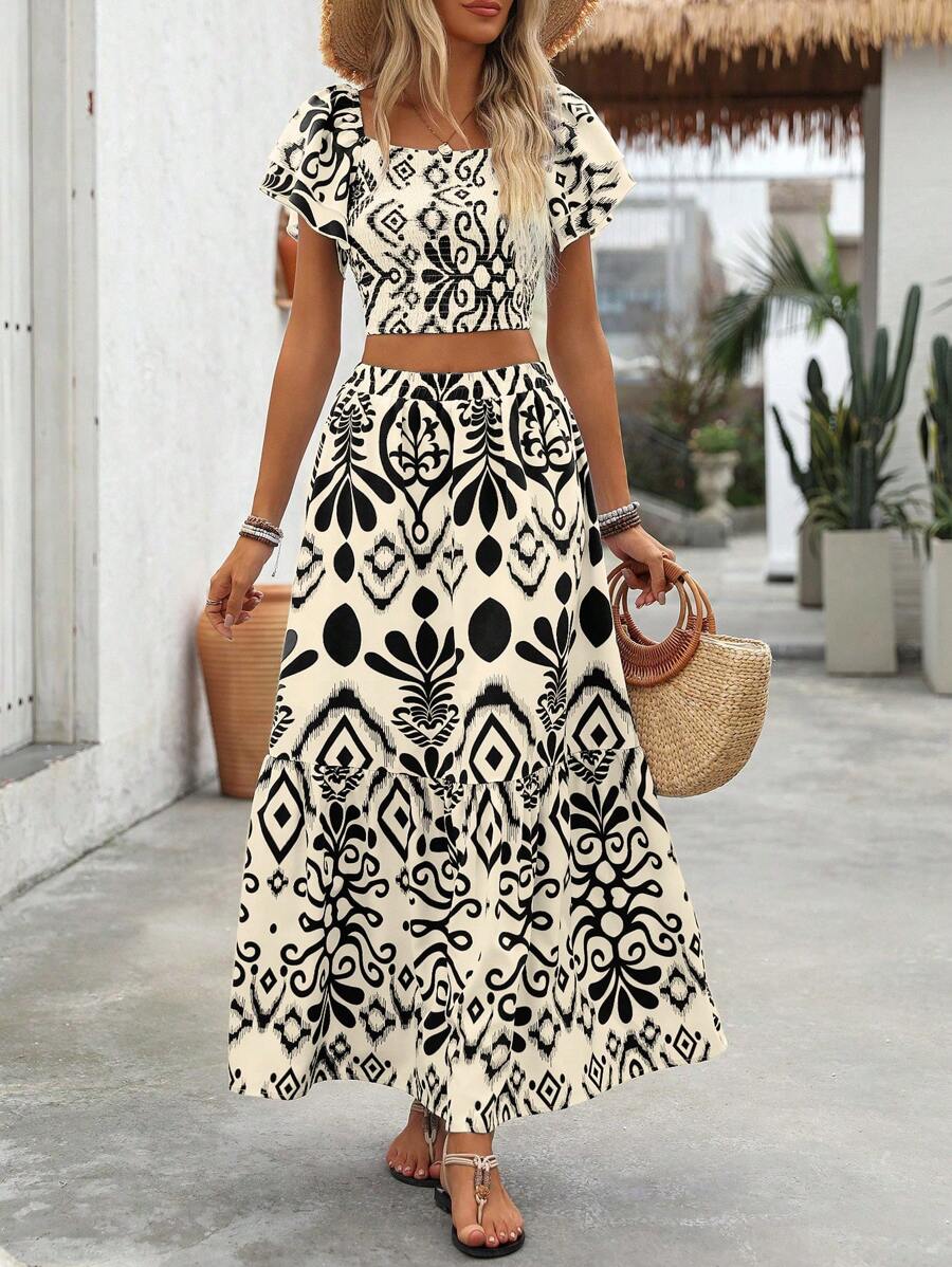 Aria | Floral Two-Piece Set with Crop Top and Long Ruffle Skirt