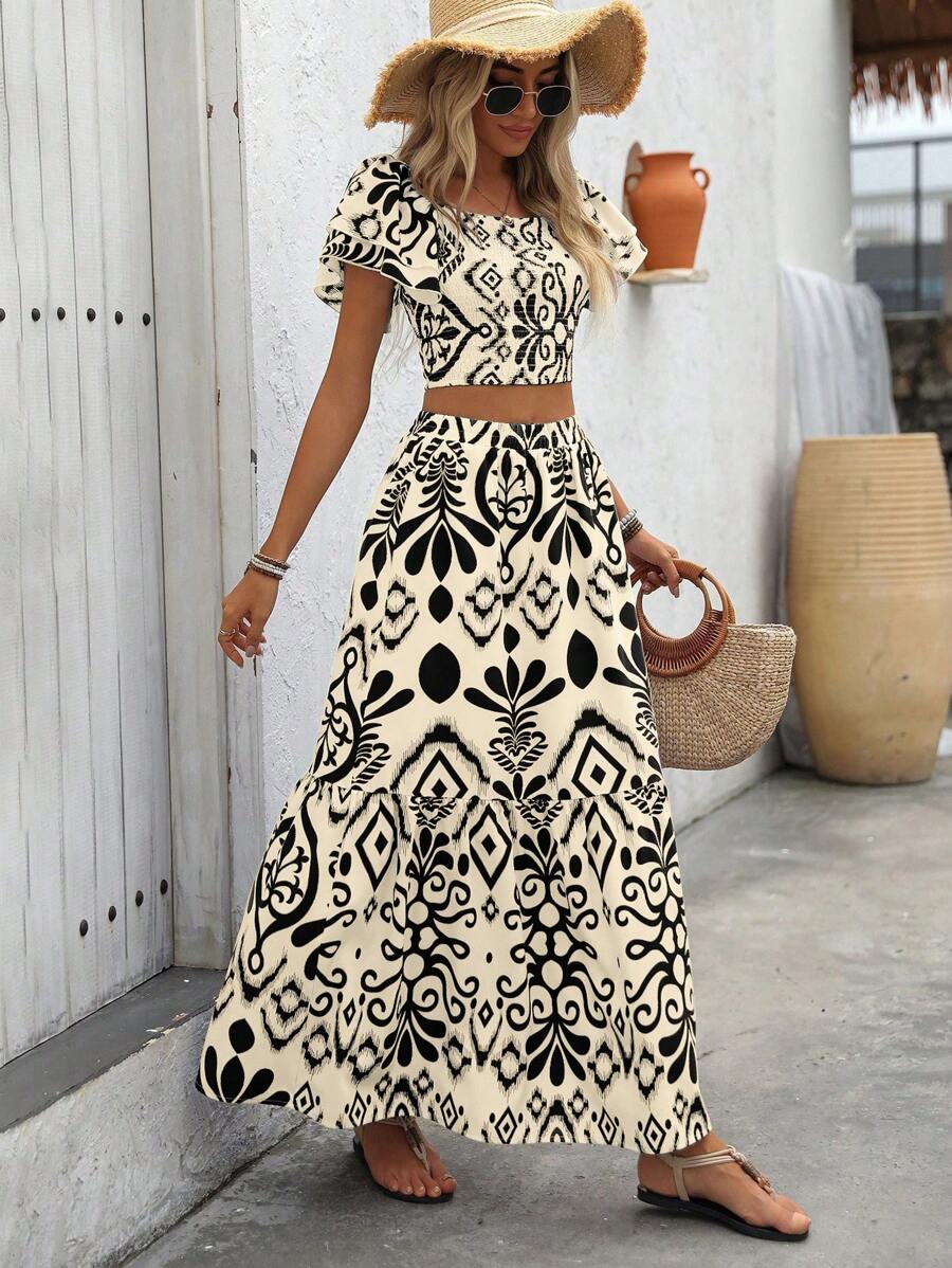 Aria | Floral Two-Piece Set with Crop Top and Long Ruffle Skirt