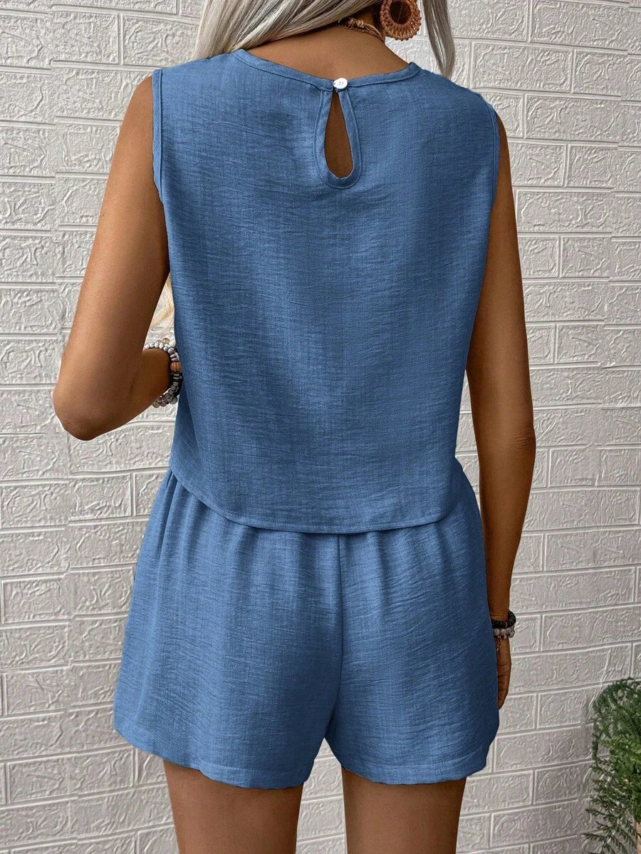 Nora | Solid Button Tank Top & Shorts Two-Piece Set