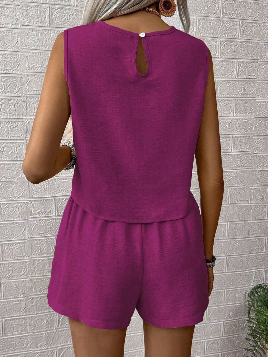 Nora | Solid Button Tank Top & Shorts Two-Piece Set