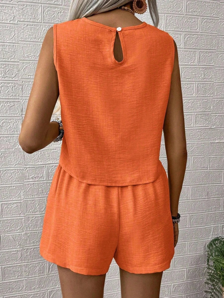 Nora | Solid Button Tank Top & Shorts Two-Piece Set