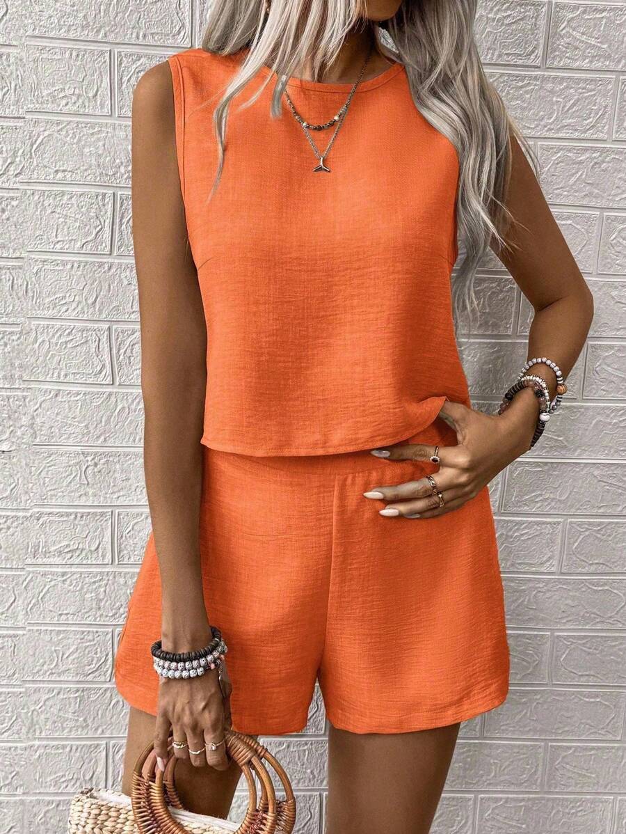 Nora | Solid Button Tank Top & Shorts Two-Piece Set