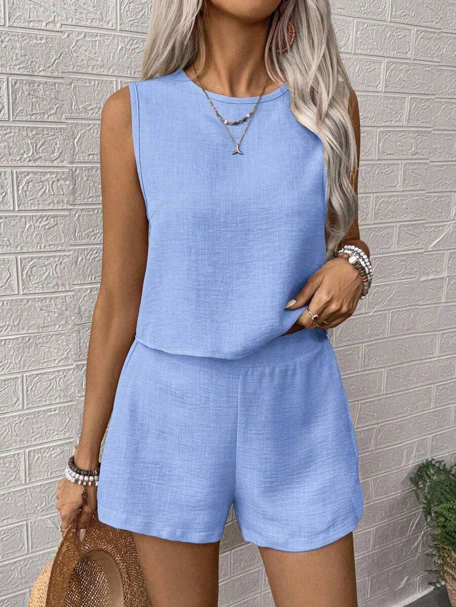 Nora | Solid Button Tank Top & Shorts Two-Piece Set